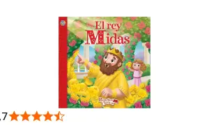 El rey Midas, con su toque dorado, convierte todo en oro. Una niña lo observa, rodeados de rosas y el jardín que él mismo transformó.