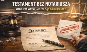 Jak się pisze testament, by był ważny? Na stole leży dokument z napisem "TESTAMENT", obok pióro, okulary i młotek sędziowski.