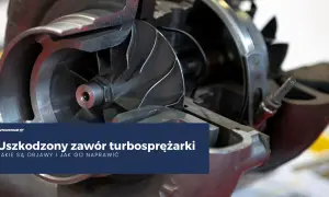 Przekrój turbosprężarki z widocznym wirnikiem i elementami zaworu upustowego.