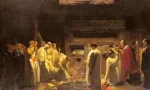 Scena religijna, gdzie wierni modlą się przy grobie. Czy można prosić zmarłego o pomoc? Obraz ukazuje ludzi w białych szatach, duchownych i trumny.