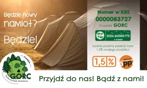 Namioty na tle zachodzącego słońca. "Będzie nowy namlot? Będzie!" - zaproszenie do GORC, studenckiej bazy namiotowej.