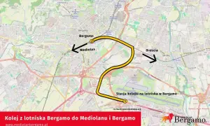 Mapa pokazuje trasę kolejową z lotniska Bergamo do Mediolanu i Bergamo.