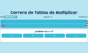 Carrera de Tablas de Multiplicar: ¿Cuánto es 3 x 1? Elige la respuesta correcta para avanzar en la carrera.