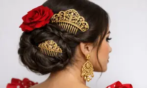 Moño de gitana con peineta dorada y rosa roja.