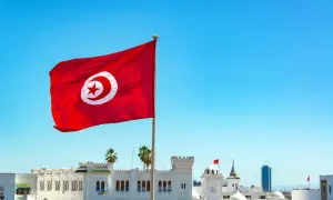 Tunisiens flagga vajar stolt mot en klarblå himmel över vita byggnader. En påminnelse om en resa till Tunisien.