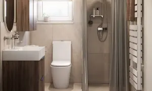 Moderne Badezimmer Ideen: Helle Fliesen, Holzmöbel und eine bodengleiche Dusche schaffen ein stilvolles Ambiente.