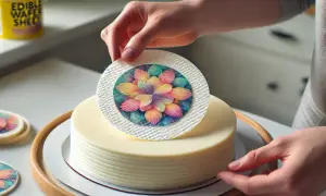 Jak położyć opłatek na tort bez żelu? Delikatnie przykładaj okrągły, kolorowy wzór kwiatu do gładkiego tortu.