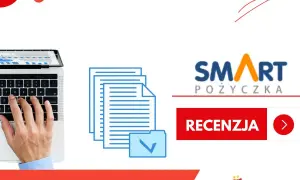 Dłoń na klawiaturze laptopa, ikony dokumentów i logo "SMART POŻYCZKA".