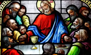 Ostatnia Wieczerza. Jezus z apostołami, wśród nich można rozpoznać, ilu było ewangelistów.