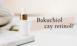 Biała buteleczka z pipetką i złotym wykończeniem. Obok tekst: "Bakuchiol czy retinol?". Dowiedz się, co to bakuchiol.