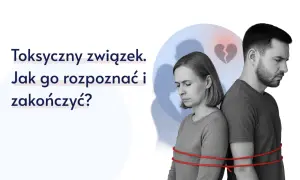 Para spięta czerwoną liną, symbolizującą toksyczną miłość. Złamane serce w tle.