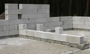 Budowa domu z betonu komórkowego. Ściany wznoszone z białych bloczków, w tle las.