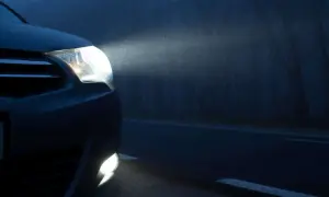 Las luces de posición de un coche iluminan la niebla en una carretera oscura, revelando el camino y los árboles a los lados.
