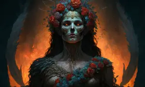 Visage de mort, couronné de roses, aux yeux ardents. L'image évoque la perséphone signification, reine des enfers et du renouveau.