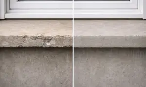 Antes y después de pintar alfeizar ventana. El lado izquierdo muestra el alfeizar deteriorado, el derecho, reparado y liso.