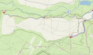 Mapa Pustyni Błędowskiej z zaznaczoną trasą rowerową Velo Przemsza. Start i meta oznaczone, punkty kontrolne 1-4.