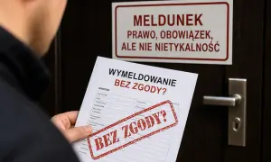 Formularz "Wymeldowanie bez zgody?". Nad nim tabliczka "Meldunek - prawo, obowiązek, ale nie nietykalność".
