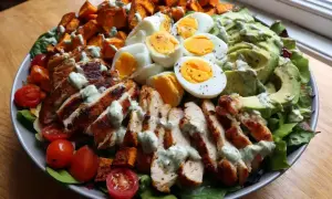 En rejäl matig sallad med grillad kyckling, sötpotatis, ägg, avokado och körsbärstomater, toppad med en krämig dressing.