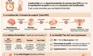 Schéma expliquant l'axe HPO et les causes de l'aménorrhée, essentiel pour la fertilité femme. Il détaille les niveaux de coupure et des conseils pour la grossesse.