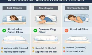 Guide to best pillow types for back, side, and stomach sleepers, detailing size and loft recommendations for optimal sleep.