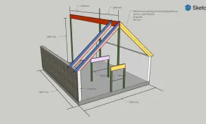 3D-modell av takkonstruktion med mått. Visar byggbeskrivningar dimensionering för ett plåttak med isolering och invändig beklädnad.