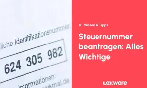 Steueridentifikationsnummer auf einem Formular. Rechts: "Steuernummer beantragen: Alles Wichtige" und Lexware-Logo. Wichtig für Kleingewerbe.