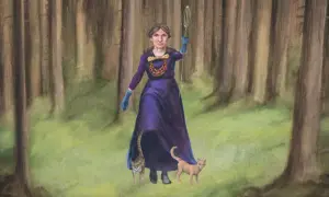 En kvinna i lila klänning, som påminner om Freja gudinna, går i skogen med två katter. Hon håller en visp.