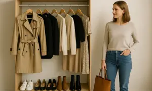 Kobieta w jeansach i swetrze wybiera ubrania w stylu basic z wieszaków: płaszcz, marynarki, swetry, sukienka. Na półkach buty.