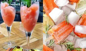 Erfrischendes Aperol Eis in Gläsern und als Eis am Stiel, umgeben von Eiswürfeln, Zitrone und Rosmarin. Perfekt für heiße Tage.