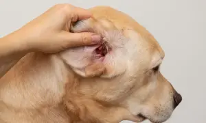 Dłoń bada zaczerwienione wnętrze ucha labradora, co może wskazywać na choroby uszu u psa.