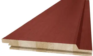 Röd panel med synlig limma faner-konstruktion.