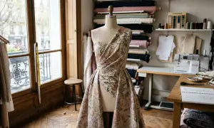 Elegancka sukienka na manekinie, uszyta z bogatego żakard tkaniny z motywem kwiatowym. W tle pracownia krawiecka z materiałami i maszyną do szycia.