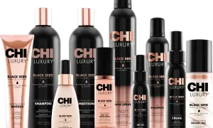 Linia kosmetyków CHI Luxury z olejkiem z czarnuszki na włosy: szampon, odżywka, maska, suchy olejek, suchy szampon, spray do włosów, krem do stylizacji i żel do loków.