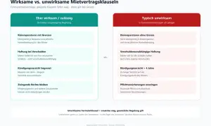 Gegenüberstellung wirksamer und unwirksamer Klauseln in Mietverträgen. Ein unbefristeter Mietvertrag mit klaren Regeln ist zulässig.
