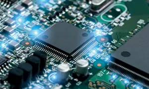 Zbliżenie na płytę główną z procesorem i niebieskimi błyskami energii. To serce technologii, gdzie wszystko działa ble.