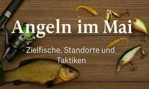Angel-Ausrüstung und ein Fisch liegen auf Holz. Text: Angeln im Mai. Zielfische, Standorte und Taktiken.