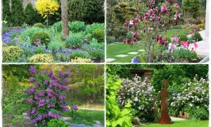 Wiosenne kwiaty w ogrodzie: fioletowe hiacynty, żółte żonkile, kwitnąca magnolia, różowe tulipany i kwitnący bez.