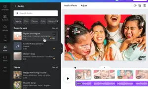 Jak dodać muzykę do filmiku? Wybierz utwór z biblioteki audio, np. "Higher and Higher", i dodaj go do swojego projektu wideo.