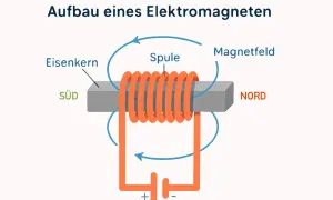 Aufbau eines Elektromagneten: Eisenkern mit Spule, Magnetfeld, Süd- und Nordpol. Ein einfacher Stromkreis erzeugt das Magnetfeld.