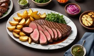 Saftig picanha med rostade potatisklyftor och grönsaker. Ett perfekt picanha recept för en festmåltid.
