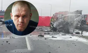 Szczegóły wypadku luksusowego auta znanego sportowca. Zniszczony pojazd, strażacy i namiot na miejscu zdarzenia.