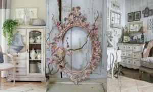 Uroczy salon w stylu shabby chic: biała komoda, ozdobna rama, krzesło z wikliny i stylowe dodatki tworzą przytulną atmosferę.