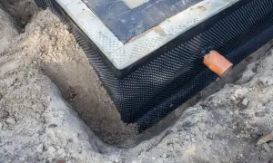 Widoczne są przepusty w fundamencie, zabezpieczone membraną kubełkową i rurą drenarską, gotowe do zasypania piaskiem.