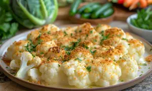Un plat de gratin de chou-fleur doré et gratiné, parsemé de persil frais. Un délice réconfortant.