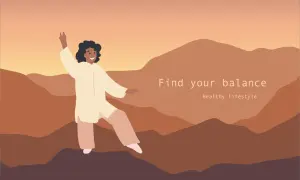 Donna pratica tai chi tra le montagne al tramonto, trovando il suo equilibrio per uno stile di vita sano.