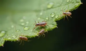 Małe pajęczaki na zielonym liściu, pokrytym kroplami rosy. Mogą być celem dla akarycydów.