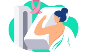Une femme se soumet à un examen de mammographie, symbolisé par le ruban rose, pour son bilan sénologique.
