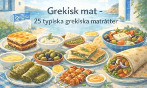 En festlig dukning med grekisk mat: moussaka, tzatziki, oliver, dolmades, gyros och grekisk sallad.