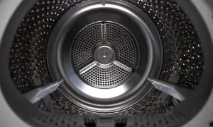 Wnętrze bębna pralki. Metalowe, perforowane ścianki i łopatki. Wygląda na to, że pralka nie wiruje, bo nic się nie rusza.