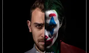 Dwóch mężczyzn, jeden z zarostem, drugi z makijażem klauna. Czy psychopata jest mściwy?